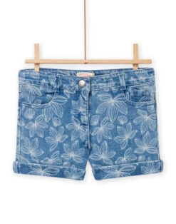 Child Girl Light Denim Shorts With Leaf And Shell Print