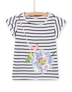 Child Girl's Ecru Striped Animation T-shirt With Flower Bag -KIDS Negozio 22S901Q3TMC 001 2