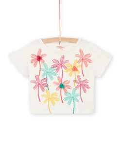 Short Sleeves Palm Tree Animation T-shirt Child Girl Ecru