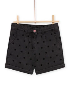 Denim Shorts With Flocked Polka Dot Print