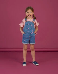 Blue Denim Overalls With Flowery Embroidery