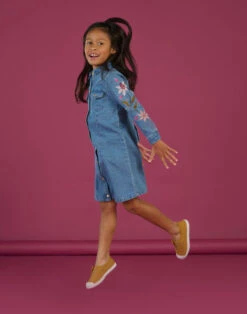 Blue Denim Dress With Floral Embroidery On The Sleeves